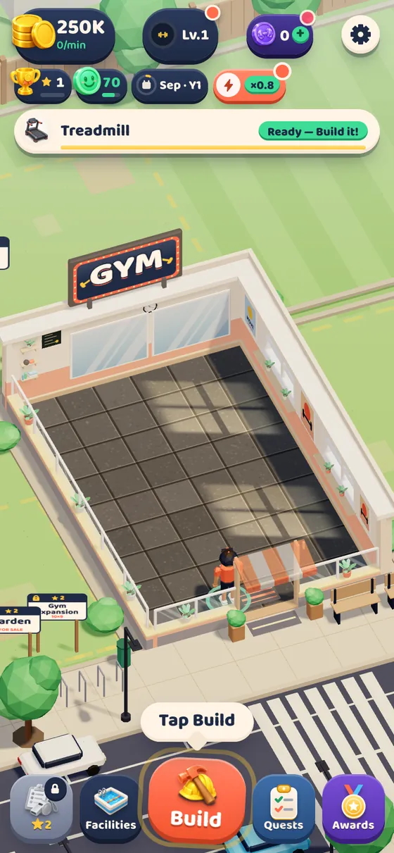 Gym Tycoon gameplay: the empty hall with the Build button highlighted