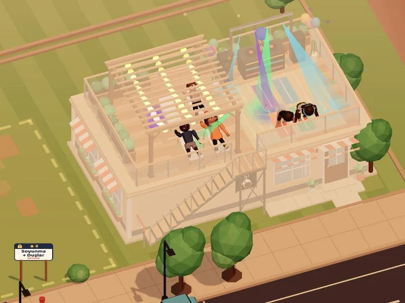 Gym Tycoon gameplay: a rooftop terrace hosting an event