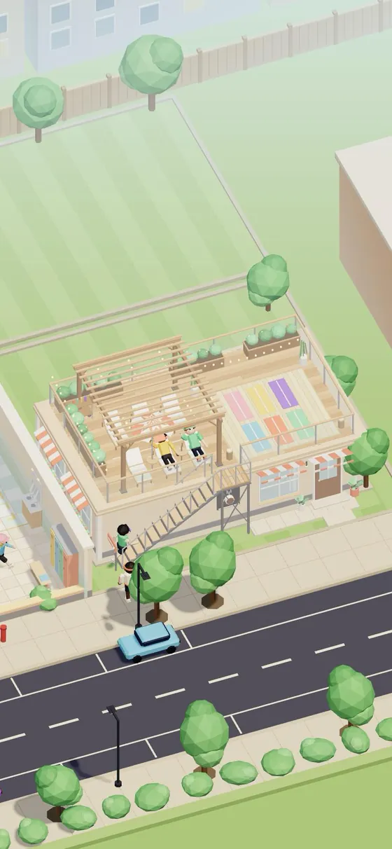 Gym Tycoon gameplay: a terrace seen from the street